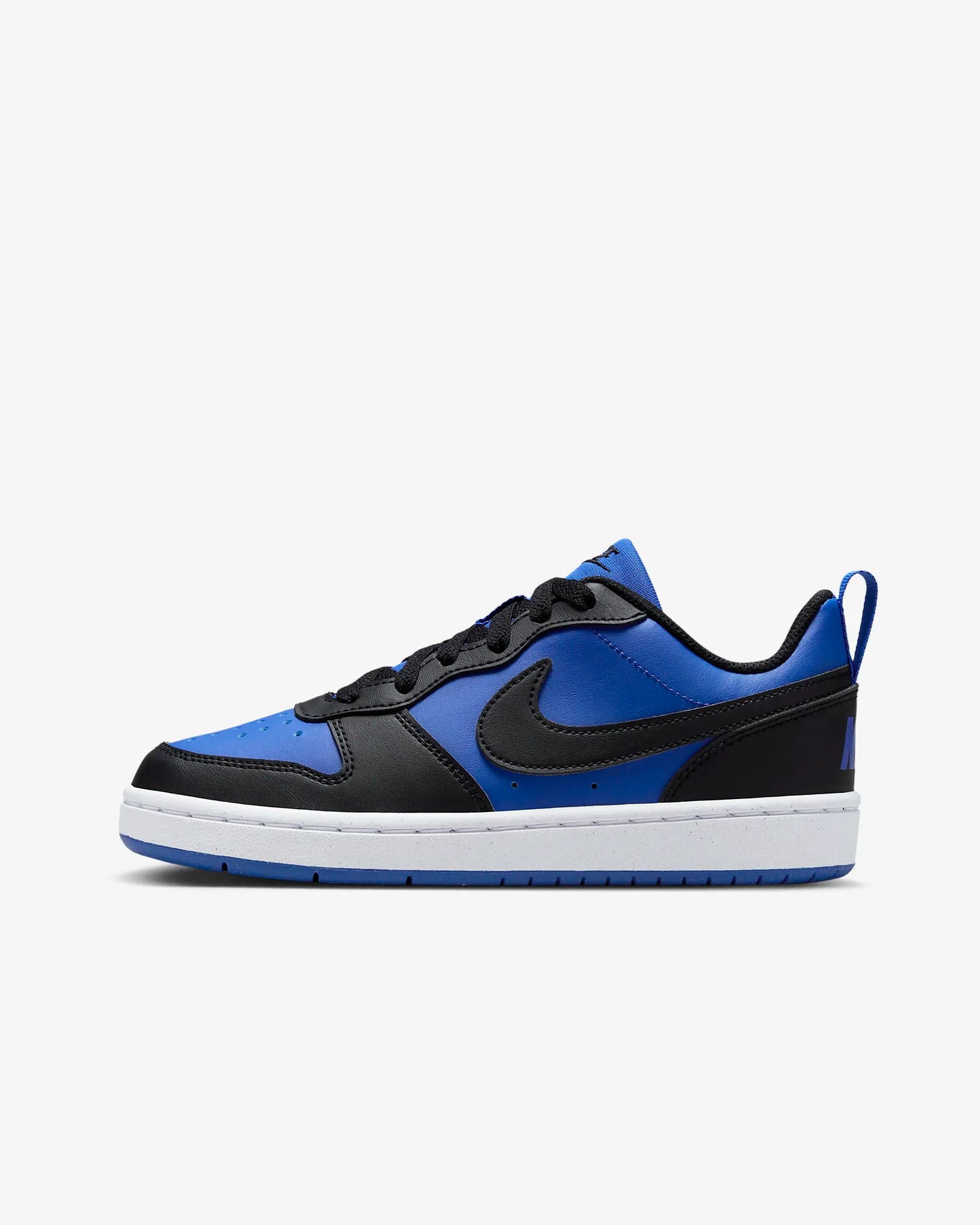 A pair of big kids' Nike Court Borough Low Recraft sneakers in blue and black color