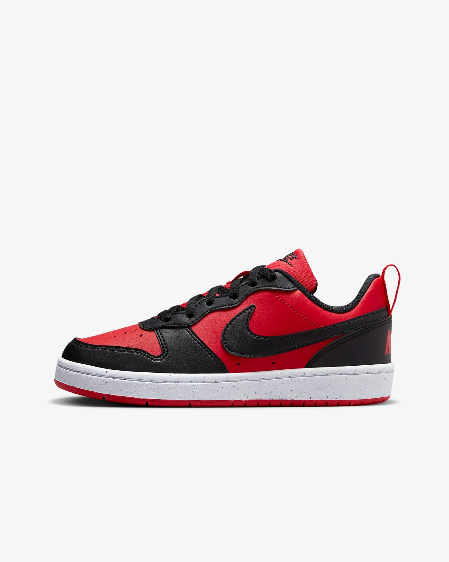 A pair of big kids' Nike Court Borough Low Recraft sneakers in black and red color