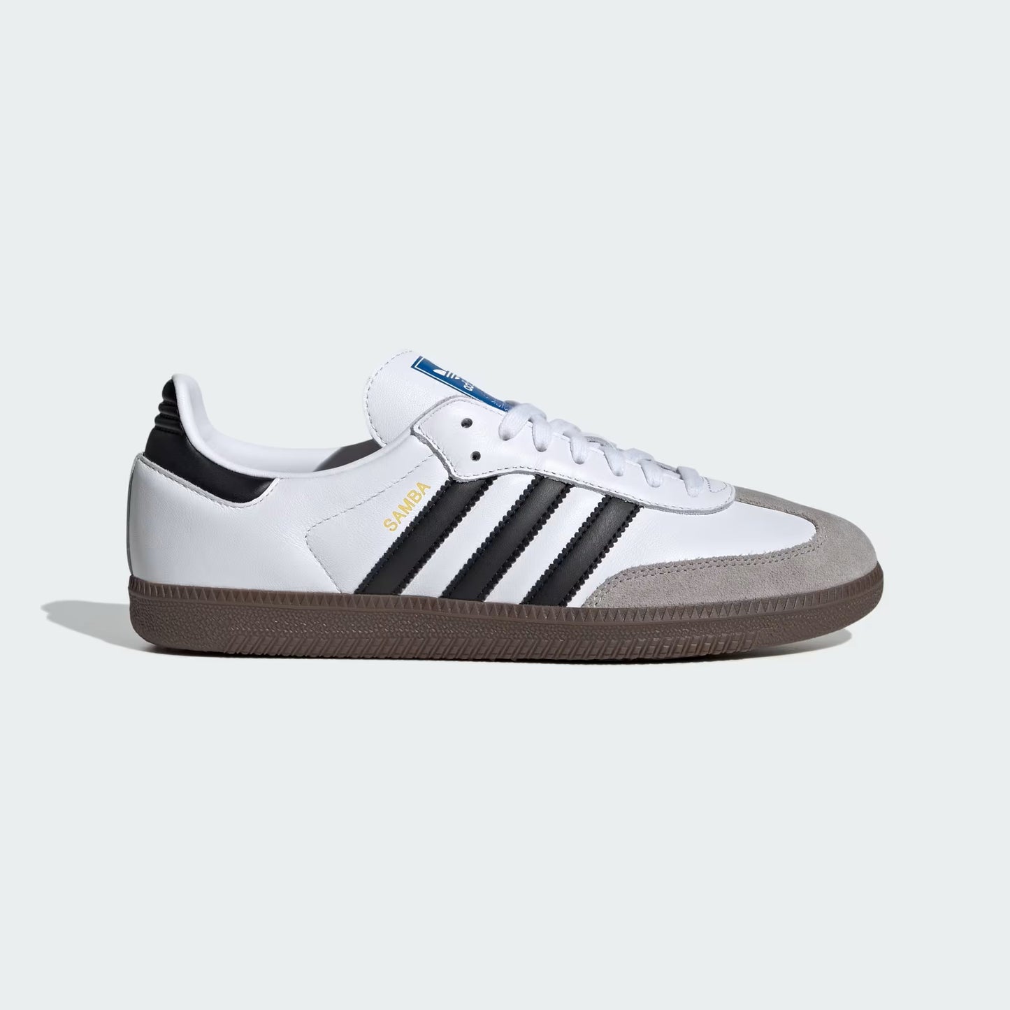 White Adidas sneaker with black stripes on a light gray background