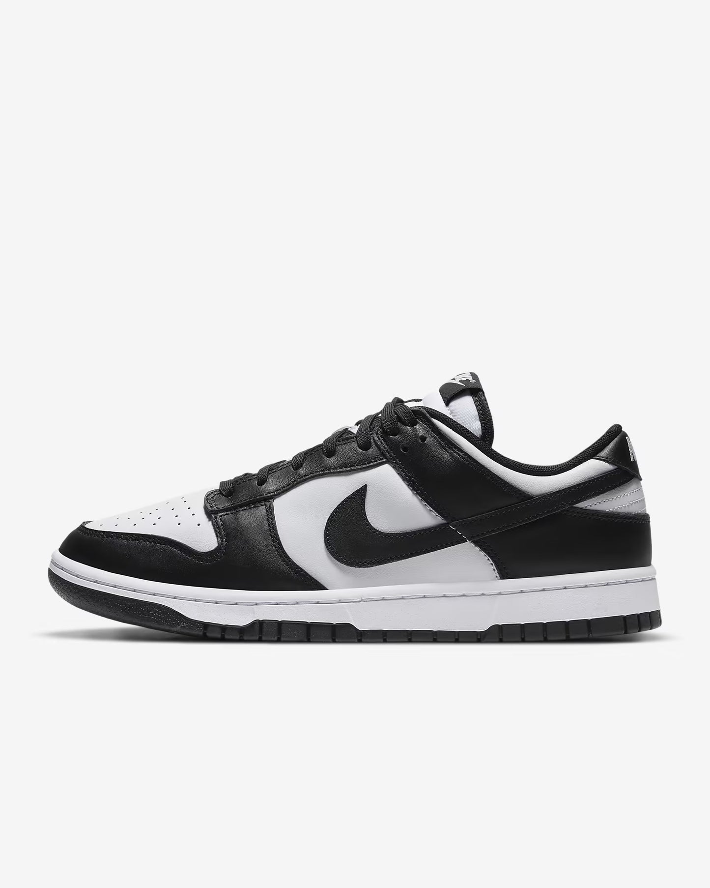 A black and white Nike dunk low on a white background