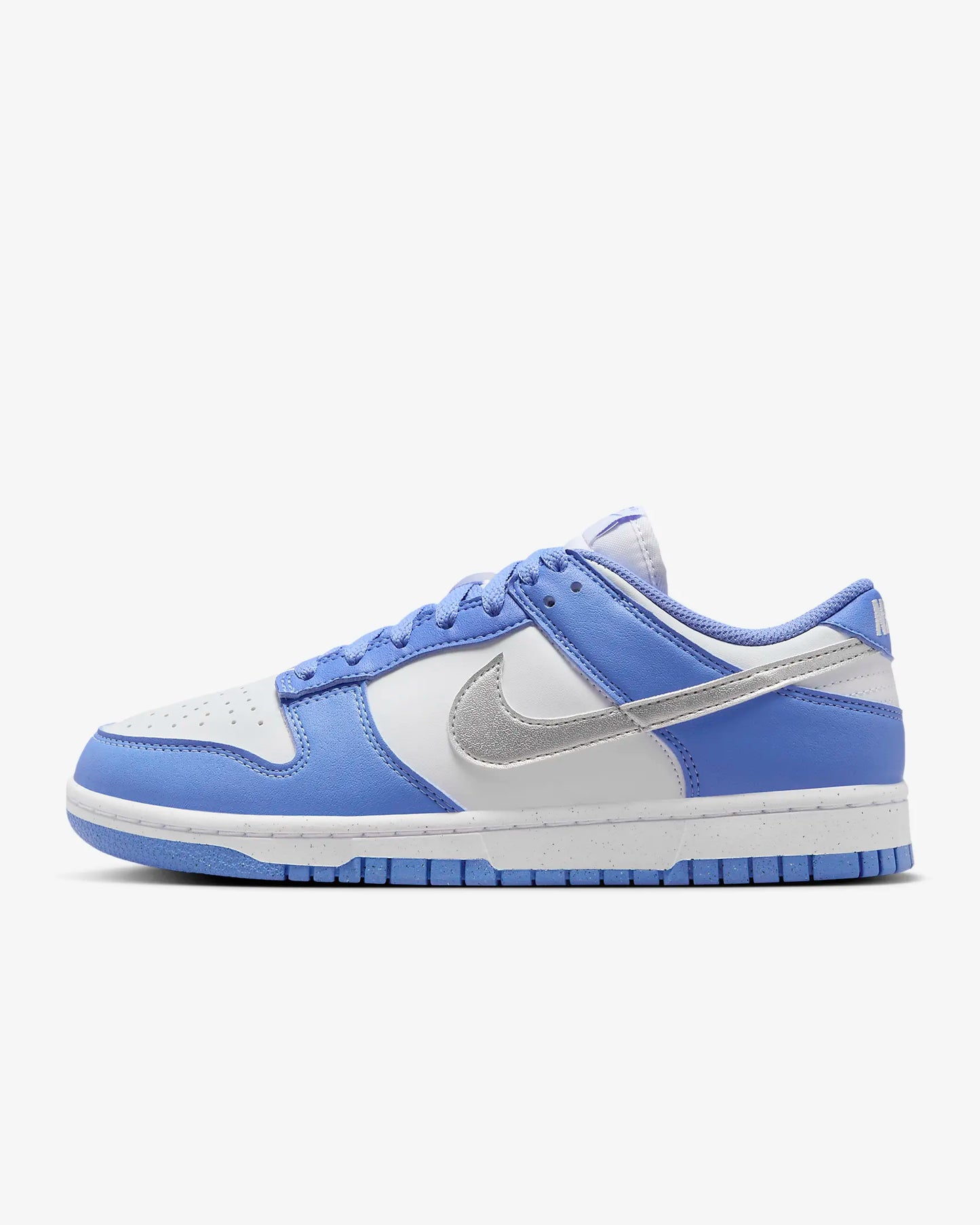 A pair of blue and white Nike Dunk Low sneakers.