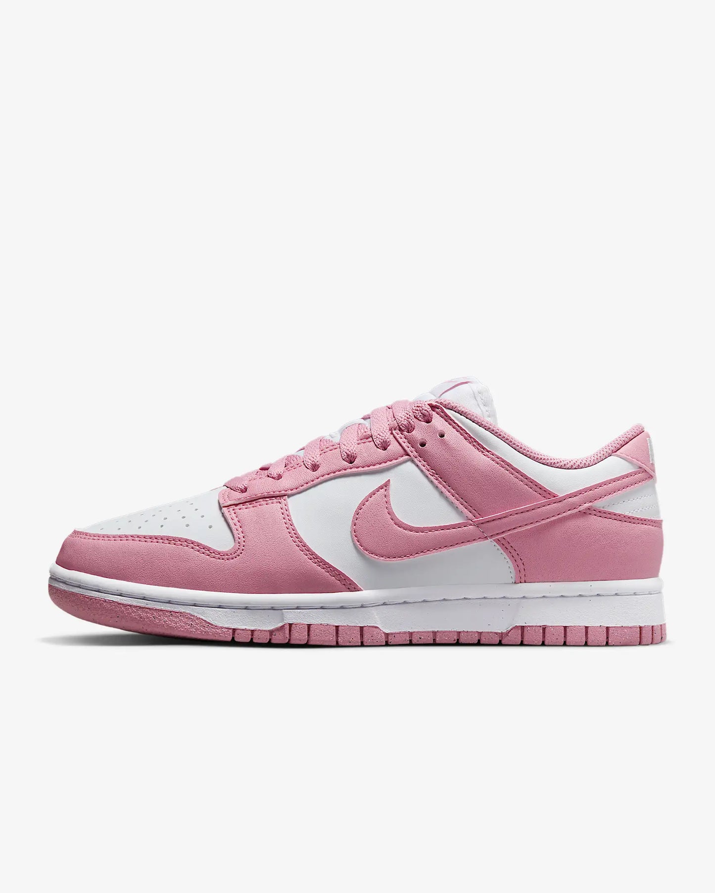 A pair of pink and white Nike Dunk Low sneakers.
