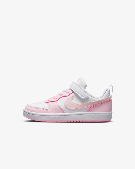 A Little Kids' Nike Court Borough Low Recraft shoe with a white and pink color scheme