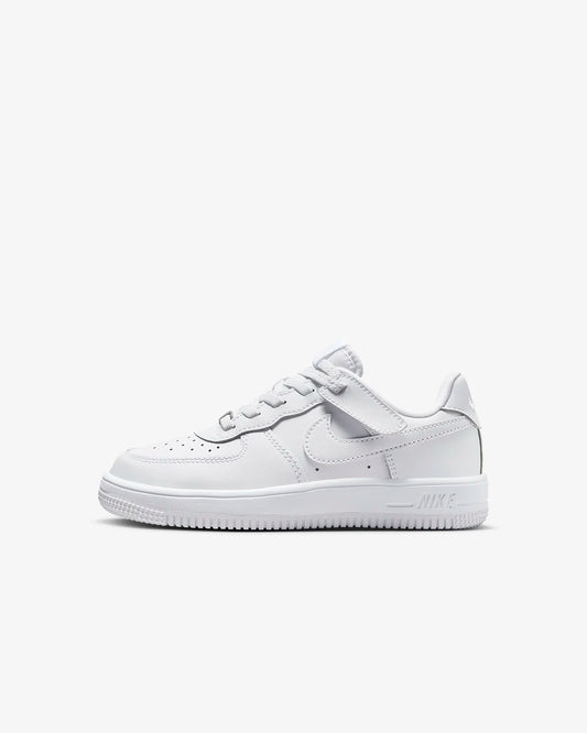 A white Nike Air Force 1 sneaker for little kids 