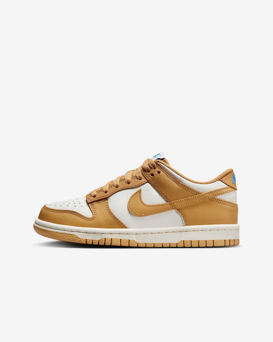 A customized Big Kids' Nike Dunk Low primarily in beige and white colors with blue accents.